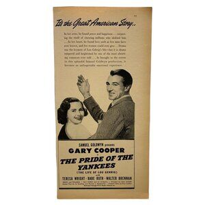 Gary Cooper Movie Vintage Print Ad 1942 The Pride of the Yankees Lou Gehrig